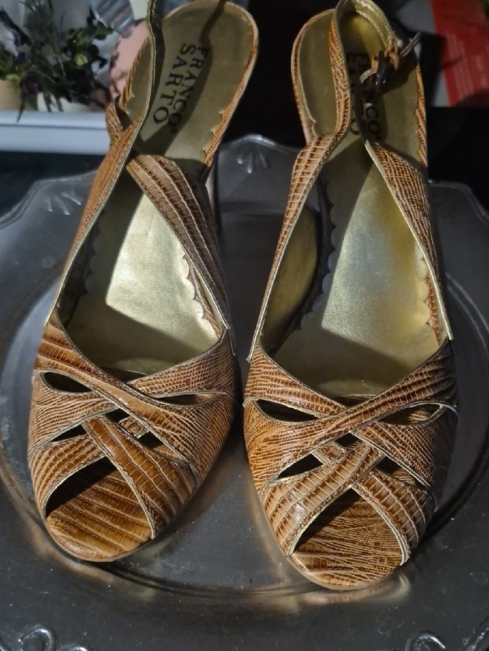 Franco Sarto Women's Tan Lizard-Embossed Peep-Toe Slingback Sandals